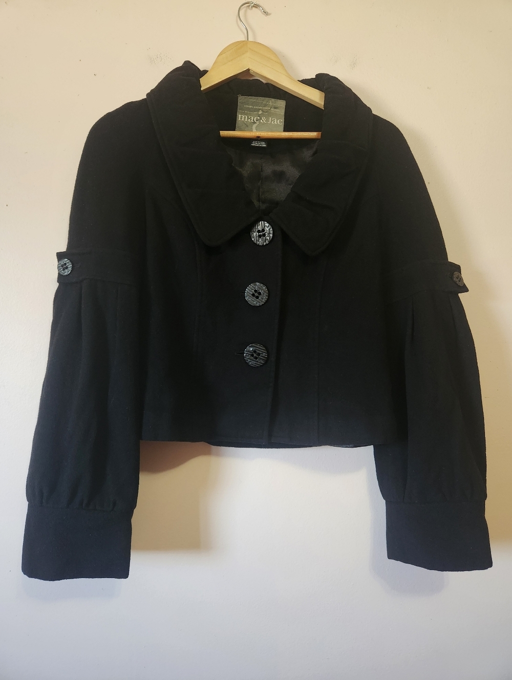 Mac & Jac Black Crop Balloon Sleeve Peacoat Wool Cashmere 3 Buttons Size 6 EUC